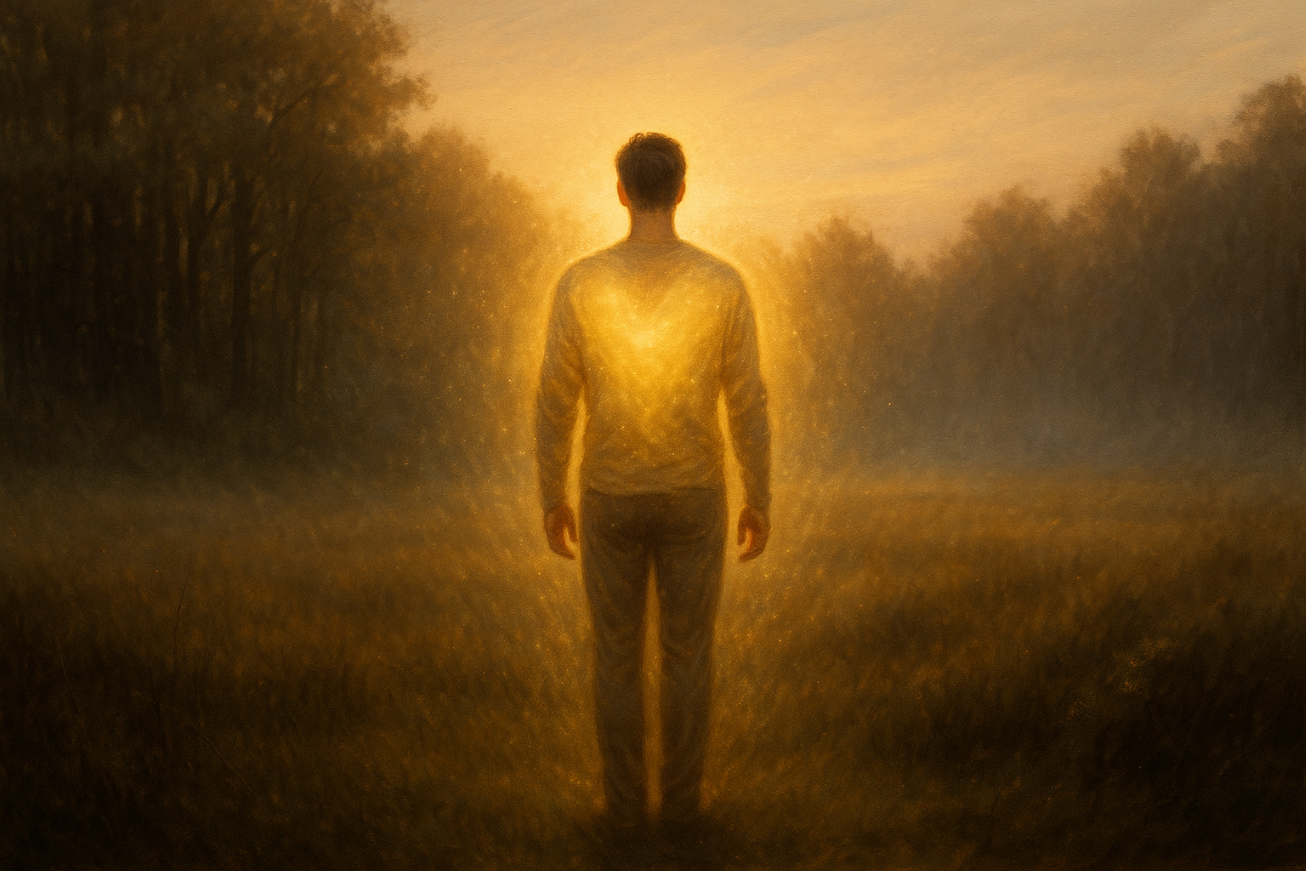 A serene figure surrounded by a soft golden-brown aura, symbolising emotional stability, etheric body healing, and the grounded beauty of spiritual awakening.
