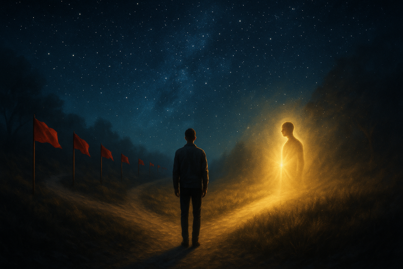 A lone figure standing at a forked spiritual path — one chaotic, one calm — symbolising the red flags of misalignment and the power of discernment.