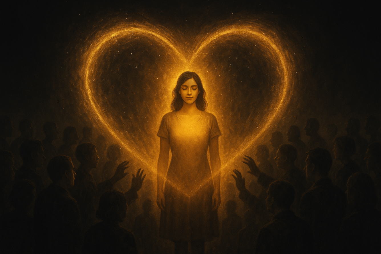 A woman stands within a glowing golden heart, holding her space as shadows press in — a striking symbol of self-love and boundaries.