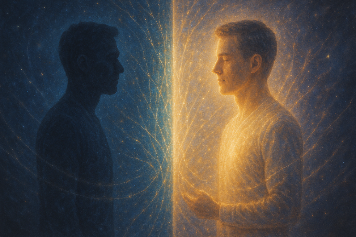 Two parallel versions of the same soul reaching across timelines, separated by a glowing dimensional veil — symbolising inter-timeline communication.