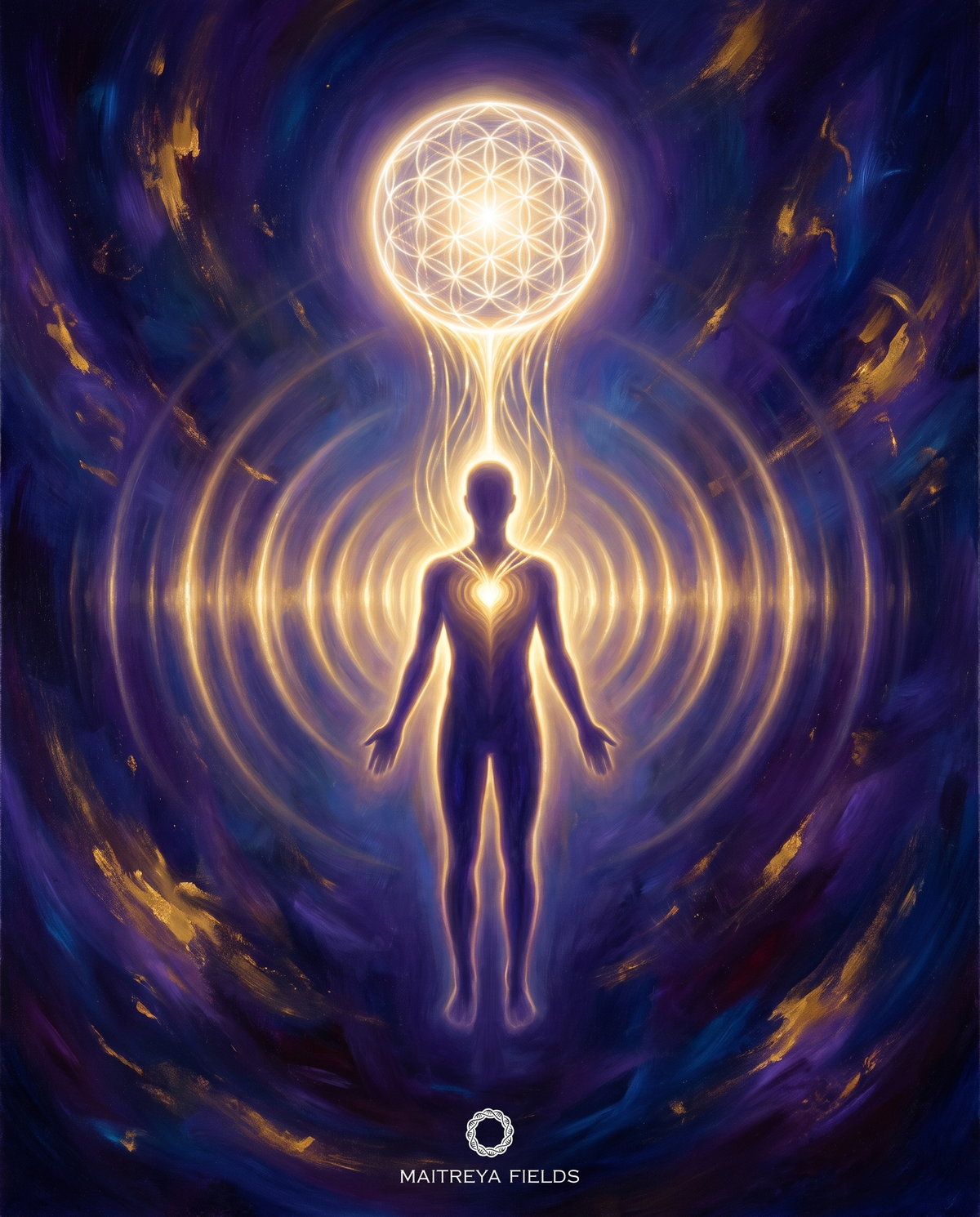 Luminous figure receiving a golden mandala energy field